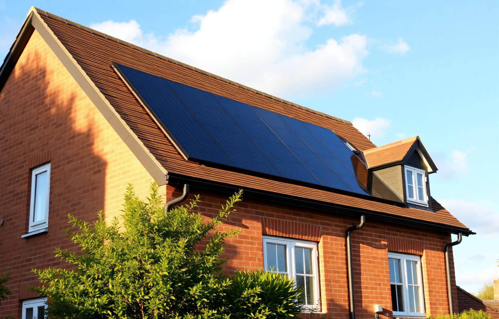 Solar panels installed on a typical Surrey home with bright sky overhead